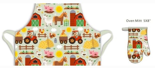 Kids Cartoon 100% Cotton Canvas 10oz Apron and Oven Mitt Set - Farm Yard