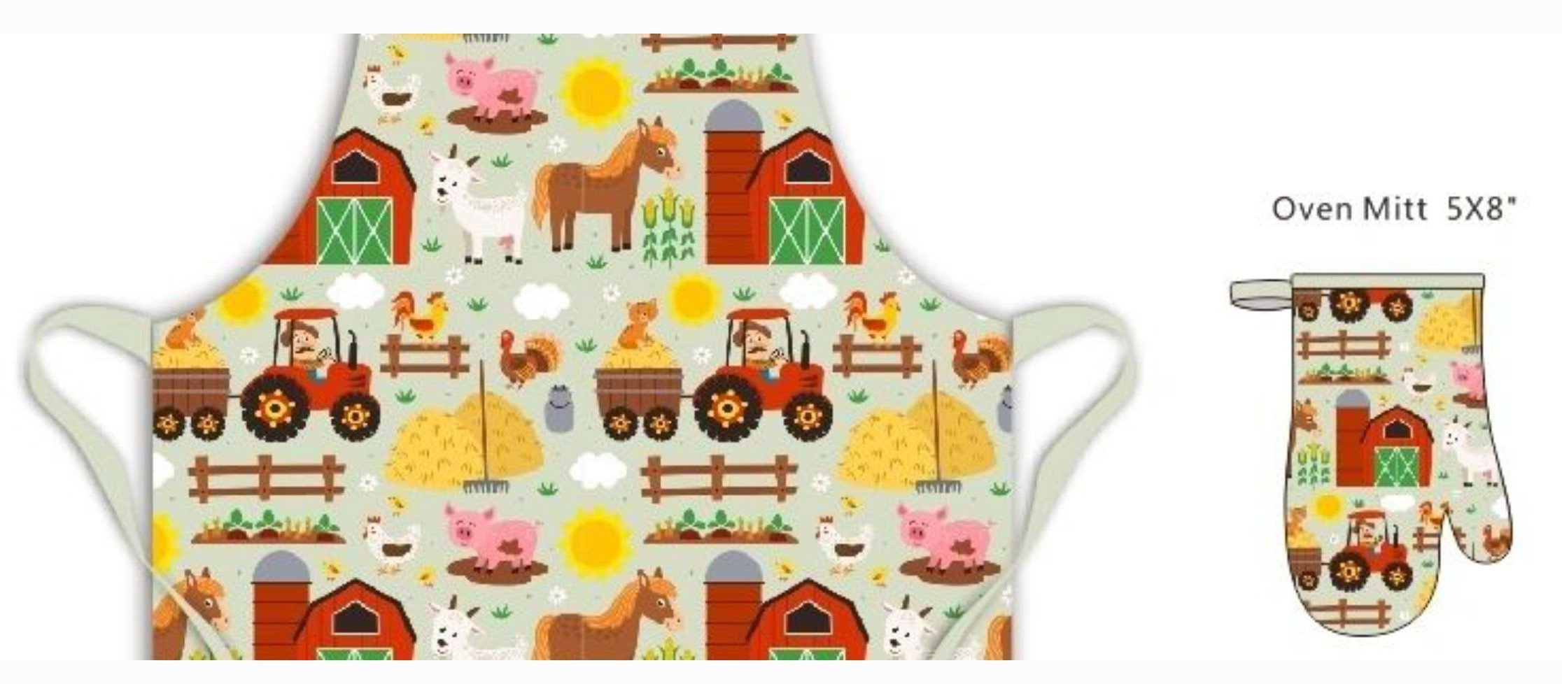 Kids Cartoon 100% Cotton Canvas 10oz Apron and Oven Mitt Set - Farm Yard
