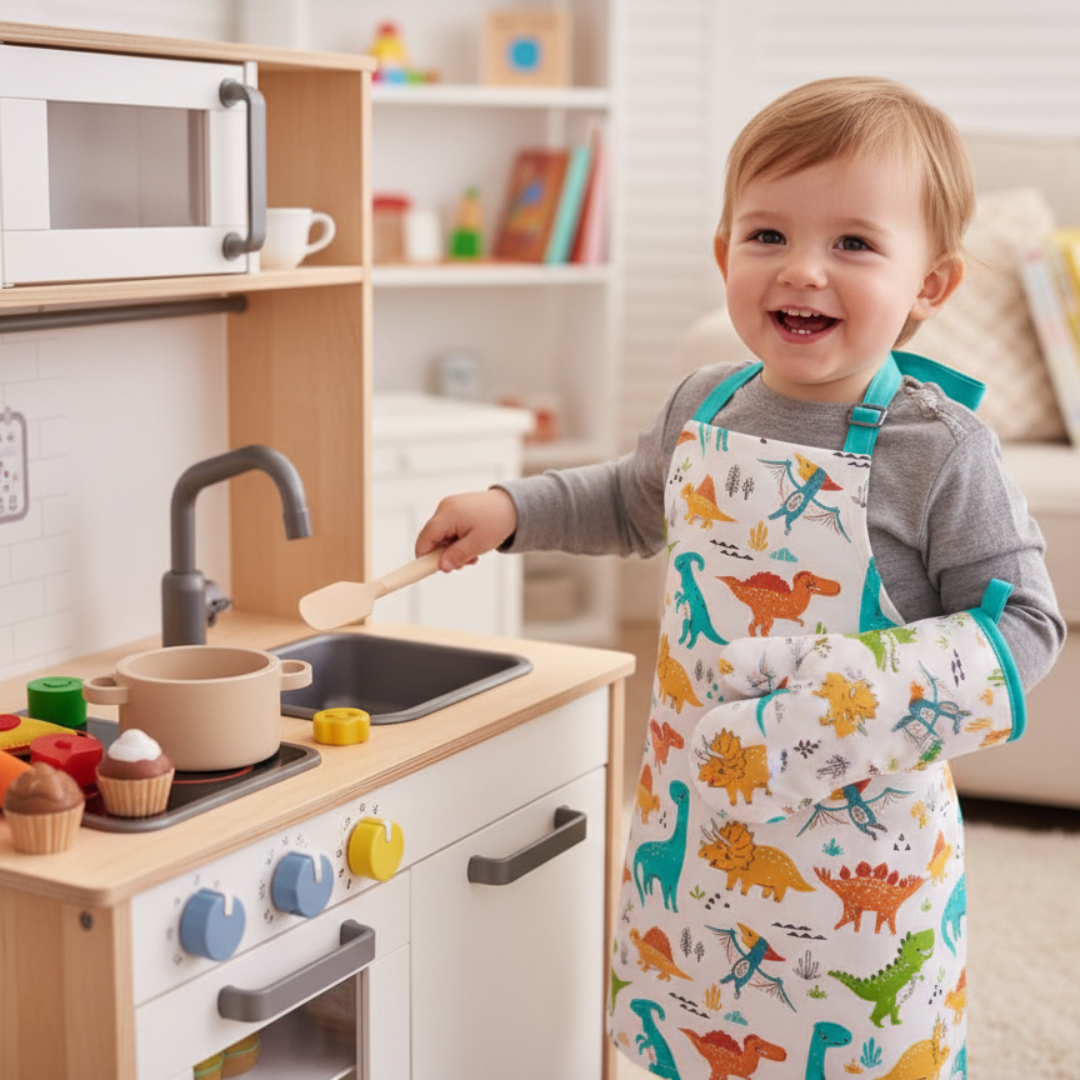 Kids Premium 100% Cotton Canvas 10oz Apron and Oven Mitt Set - Dinosaur