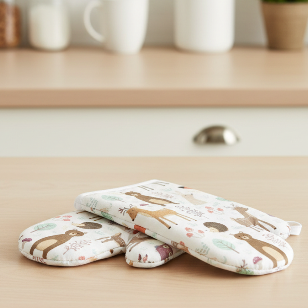 Kids Premium 100% Cotton Canvas Oven Mitts- Forest Animals